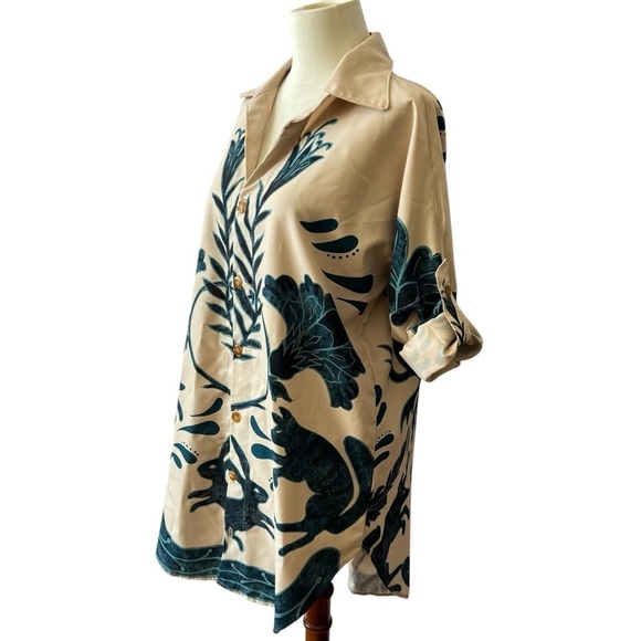 KAANA SWIMWEAR SHIRT DRESS SM OVERSIZED ROLL TAB SLEEVE FLORAL RABBIT TROPICAL - Picture 5 of 12